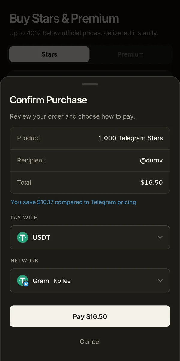 Confirm purchase sheet with USDT on Gram selected