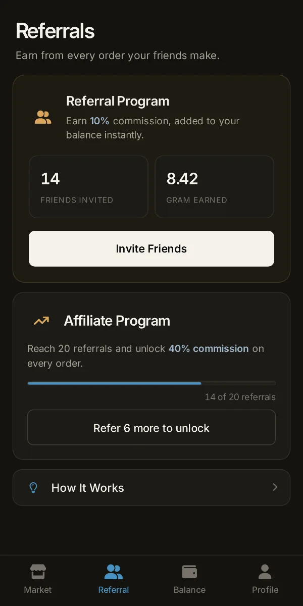 Referrals tab with invited friends and Gram earned